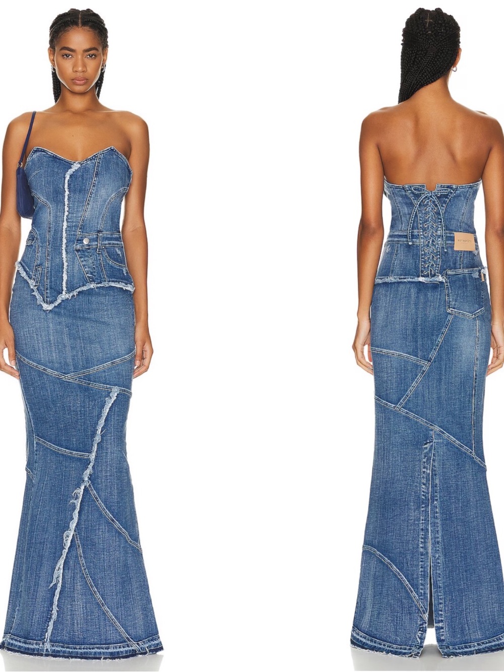 RETROFETE Tamara Strapless Denim Lace Up Maxi Dress Size XS - Picture 2 of 8